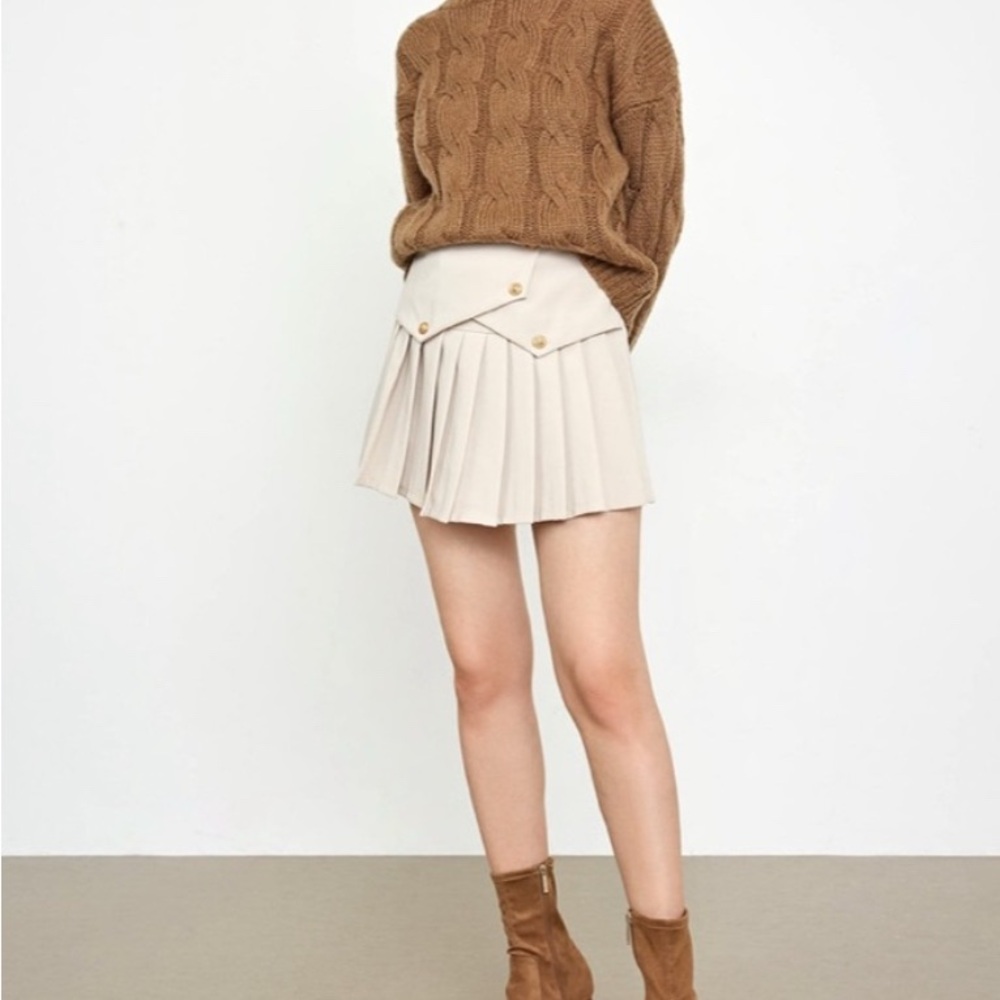 J.ING Cream Buttoned Pleated Mini Skirt High Waist Preppy Coquette M